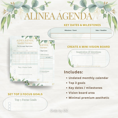 Alinea Agenda content with key features and design elements on a white background, front page