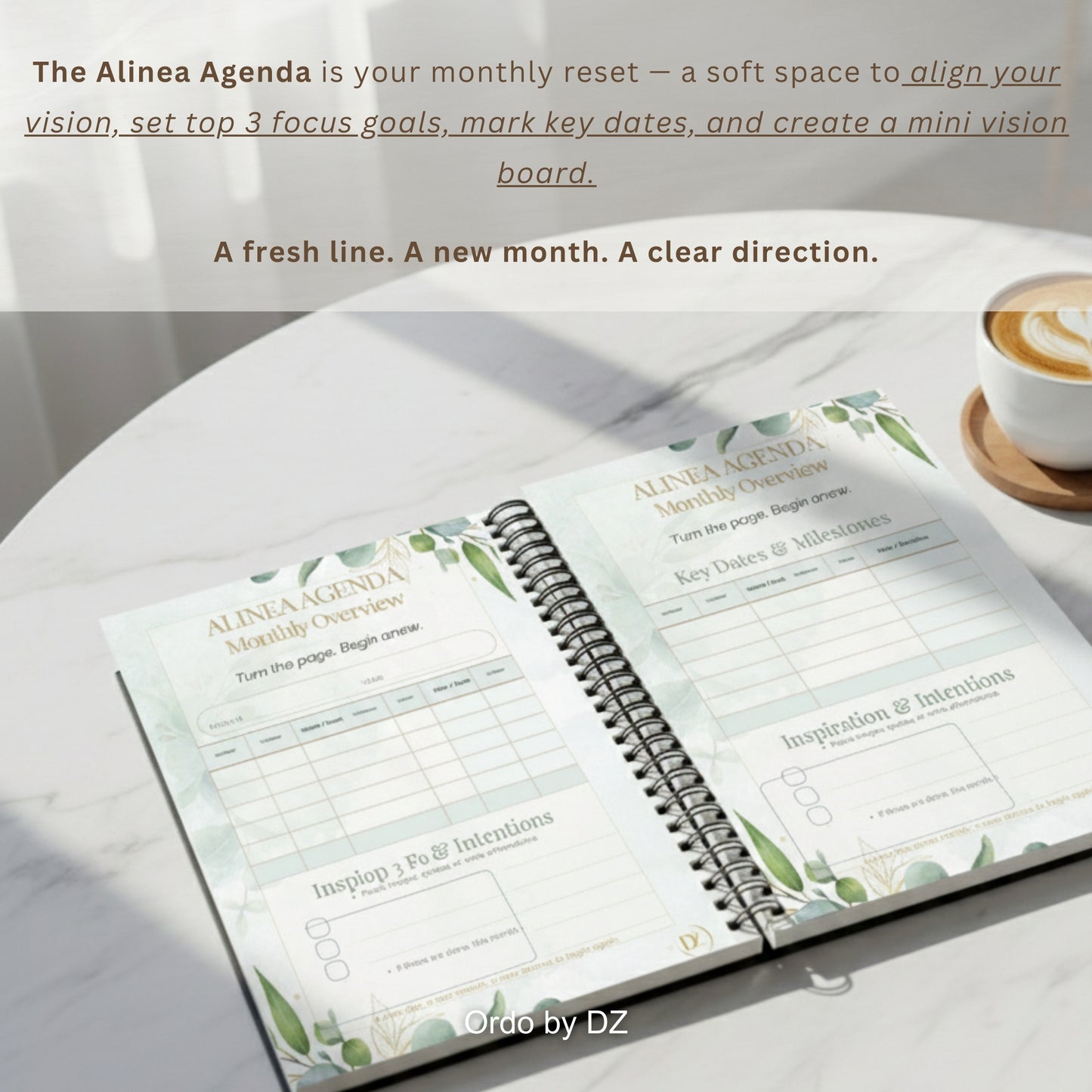 Open Ordo planner 'Alinea Agenda' on a marble surface with a cup of coffee. Front pages