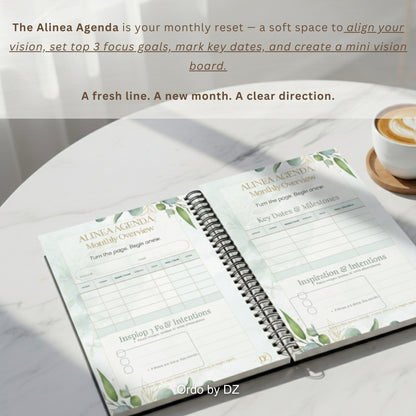 Open Ordo planner 'Alinea Agenda' on a marble surface with a cup of coffee. Front pages
