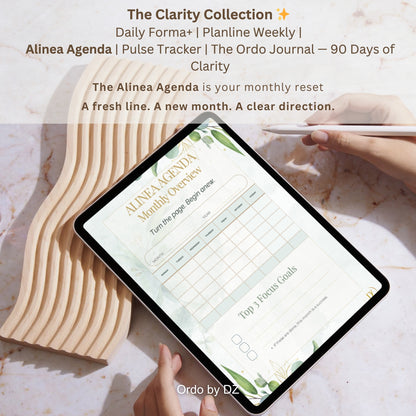 Tablet displaying the Ordo Alinea Agenda on a marble surface with a wooden stand. Front page