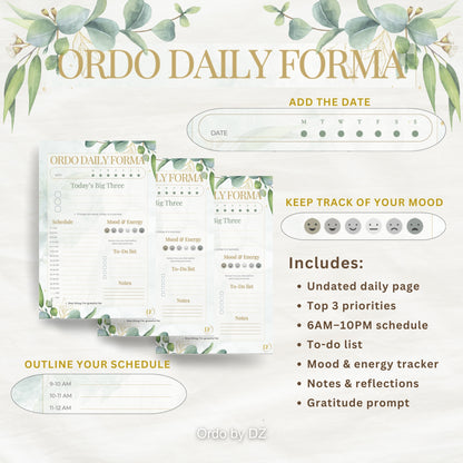 Ordo Daily Form content with greenery design on a white background, front page