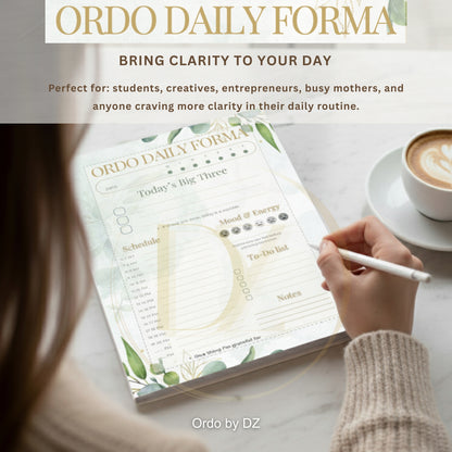 Person using 'Ordo Daily Forma' with a cup of coffee on a table, Front cover