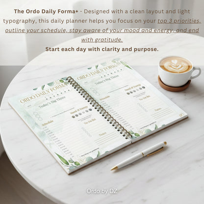 Ordo Daily Forma planner on a table with a cup of coffee and pen, featuring text about its design and benefits. Front pages
