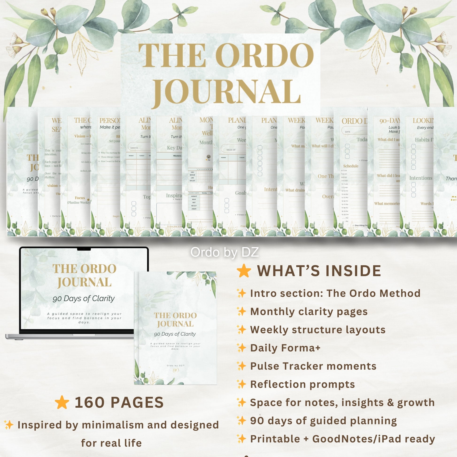 Content pages of 'The Ordo Journal', in digital and printed format, with product packaging and features listed. front page
