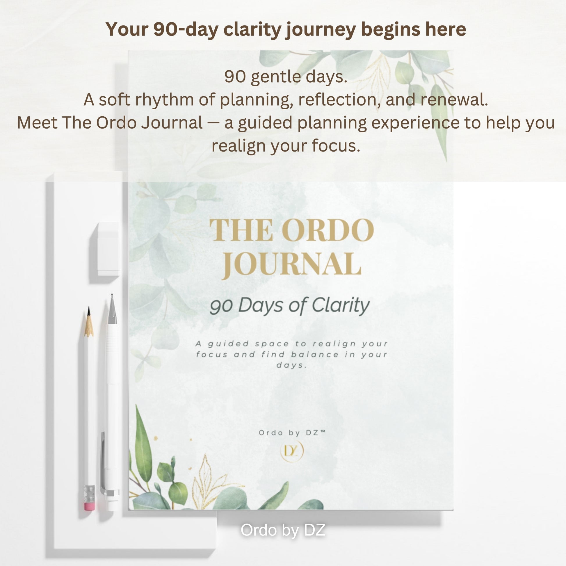 The Ordo Journal notebook with text about a 90-day clarity journey on a light background, front cover