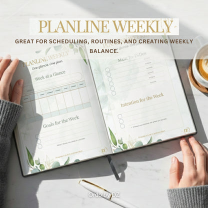 Open Ordo Planline weekly planner with weekly schedule and to-do list on a desk with a cup of coffee, and someone reading it. Front pages