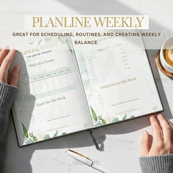 Open Ordo Planline weekly planner with weekly schedule and to-do list on a desk with a cup of coffee, and someone reading it. Front pages