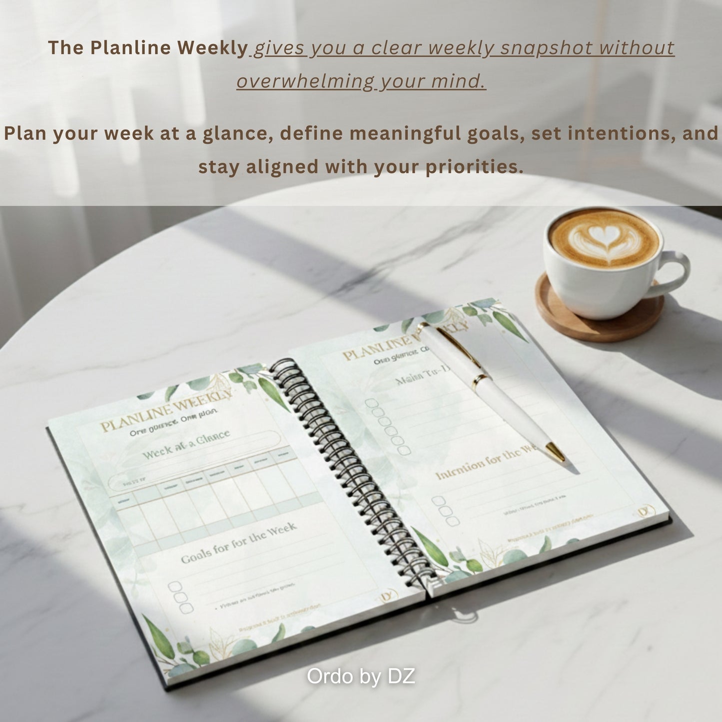 Open Ordo weekly planner with weekly layout on a white surface next to a cup of coffee with pen, front pages