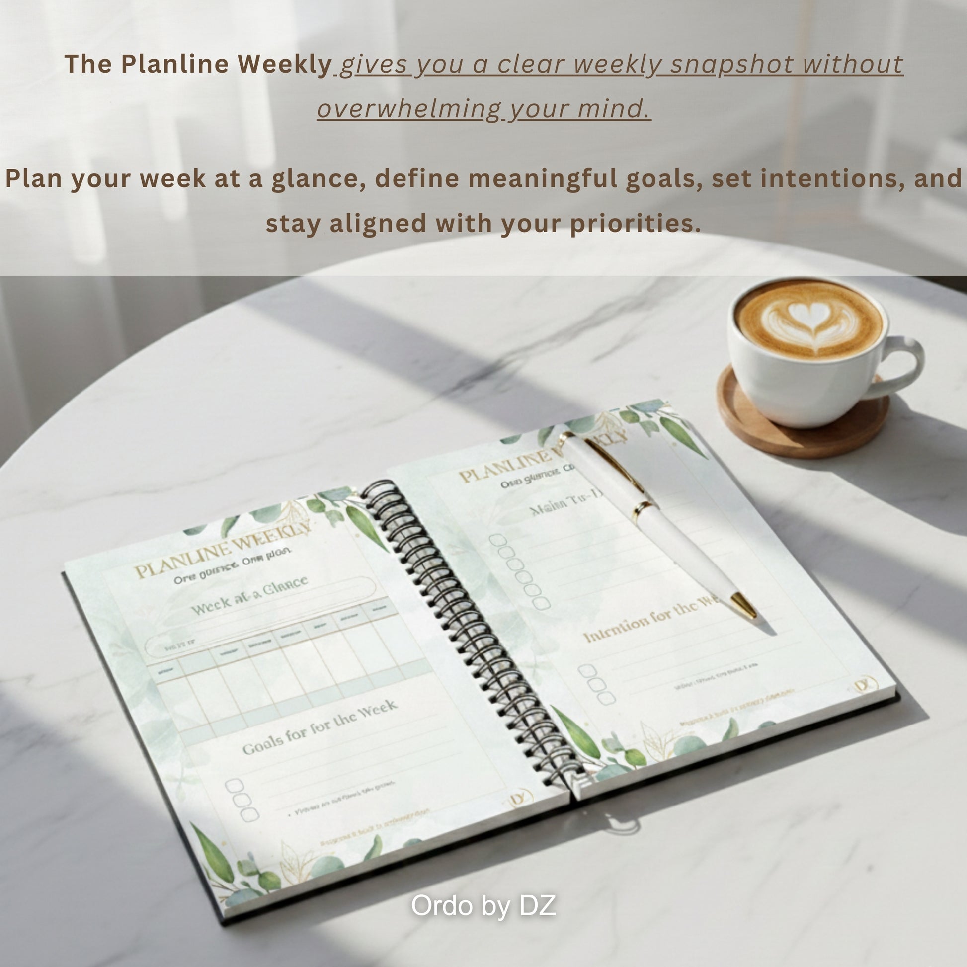 Open Ordo weekly planner with weekly layout on a white surface next to a cup of coffee with pen, front pages