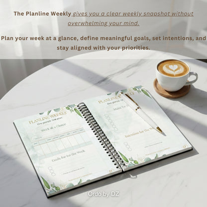 Open Ordo weekly planner with weekly layout on a white surface next to a cup of coffee with pen, front pages