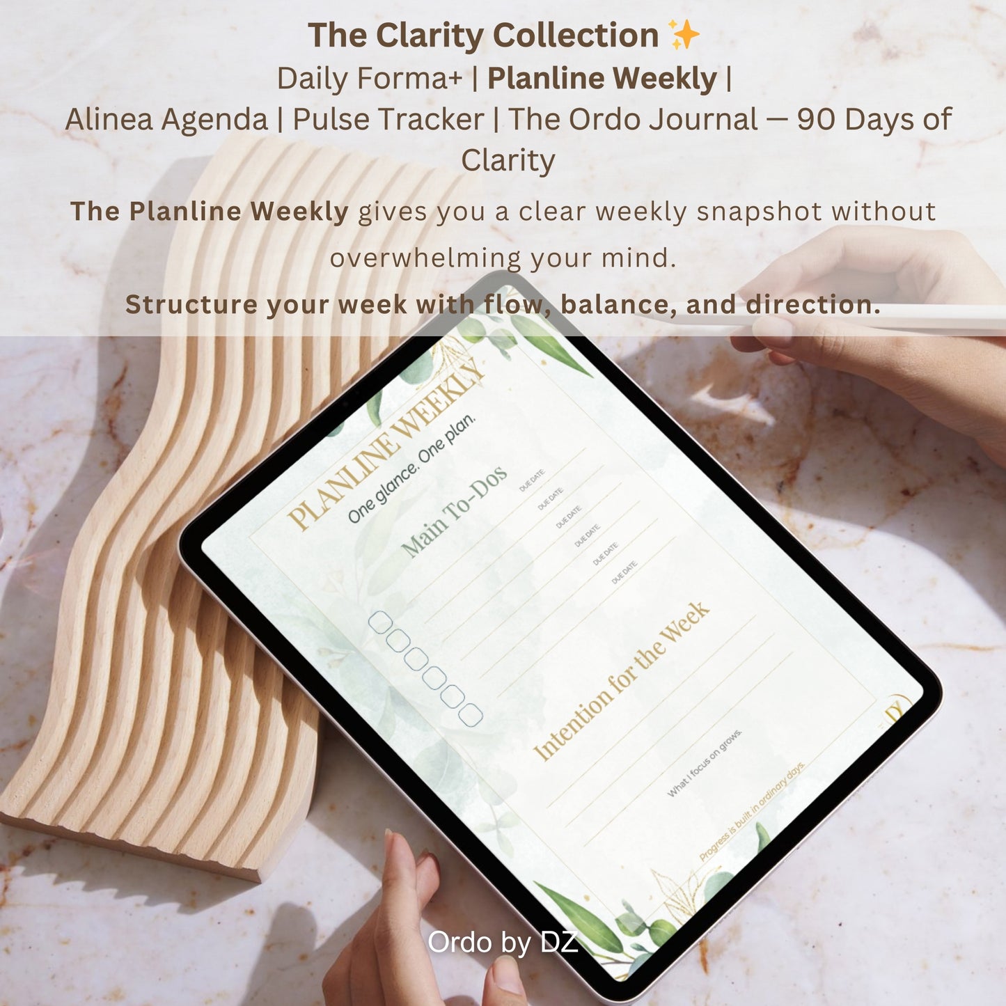 Tablet displaying Ordo weekly planner with a marble surface and wooden items in the background, front page