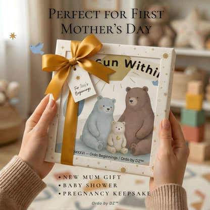 Gift box with teddy bear illustrations and a gold ribbon, held by hands in a cozy indoor setting.