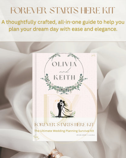 Forever Starts Here - Wedding planning kit  book with 'Olivia and Keith' personalised design on a soft white fabric background, front cover