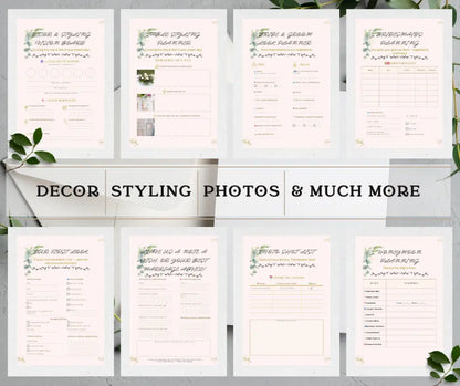 Pages of the ultimate wedding planning kit with pages from the sections 'Decor', 'Styling', 'Photos' and much more, front pages