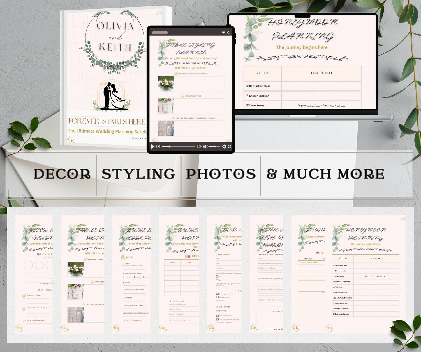 Pages of the ultimate wedding planning kit with pages from the sections 'Decor', 'Styling', 'Photos', and much more, including a planner, checklist, and look&feel templates, honeymoon, and much more on a white surface with greenery, printed and digital, front pages