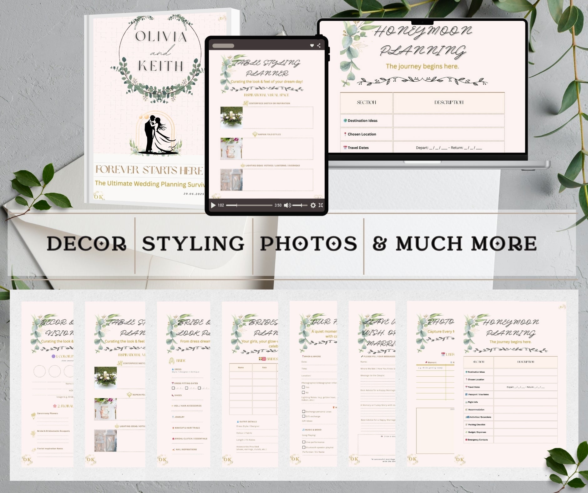 Pages of the ultimate wedding planning kit with pages from the sections 'Decor', 'Styling', 'Photos', and much more, including a planner, checklist, and look&feel templates, honeymoon, and much more on a white surface with greenery, printed and digital, front pages