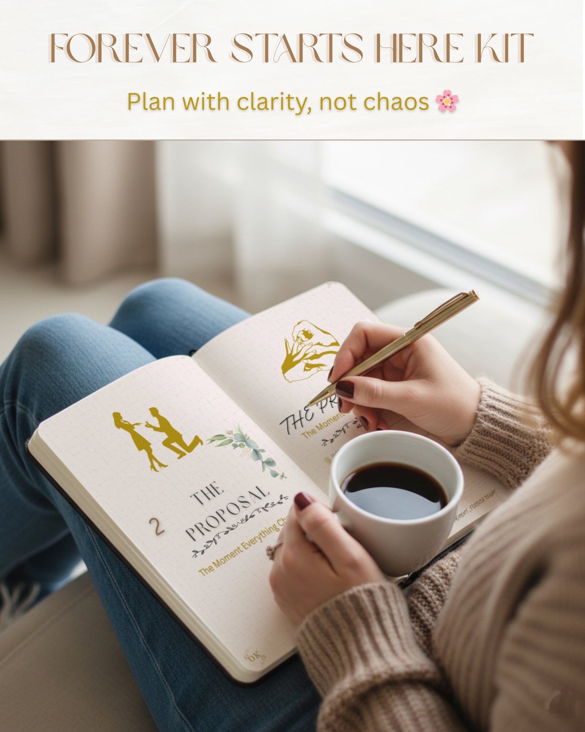 Person holding the "Forever Starts Here" notebook and a cup of coffee, writing inside, with 'Forever Starts Here Kit' text. front pages