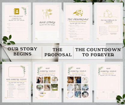 Pages of the ultimate wedding planning kit with sections like 'Our Story Begins', 'The Proposal', and 'The Countdown to Forever', front pages