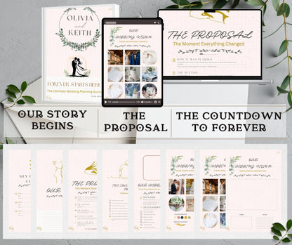 Pages from sections of the "our story', 'the proposal, and 'the countdown to forever' from the ultimate wedding planning kit, in printed and digital format, on a gray surface with greenery. front covers