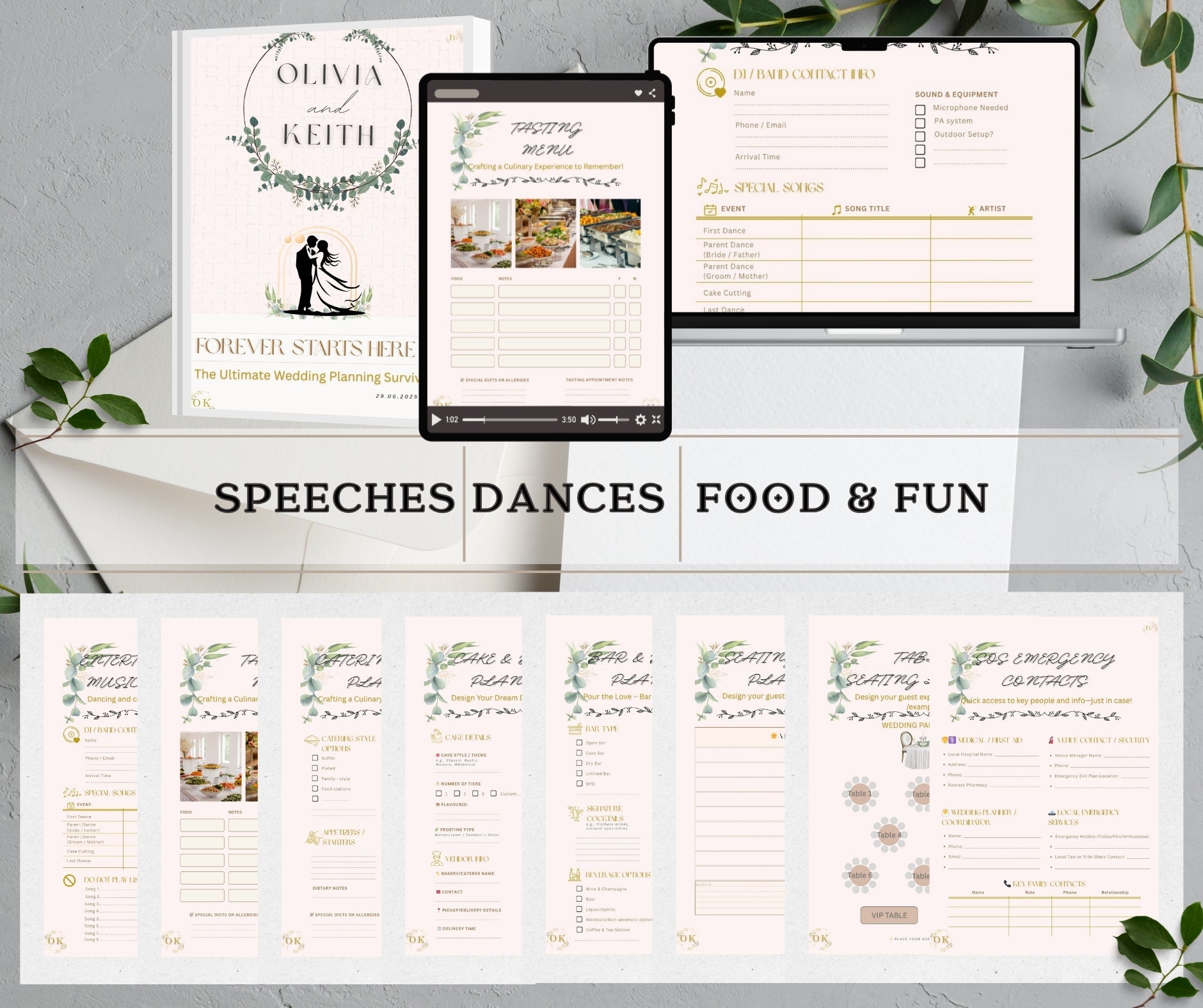 Pages of the ultimate wedding planning kit with pages from the sections 'Speeches', 'Dances', 'Food & Fun', including a planner, checklist, and speech templates on a white surface with greenery, printed and digital, front pages