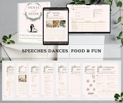 Pages of the ultimate wedding planning kit with pages from the sections 'Speeches', 'Dances', 'Food & Fun', including a planner, checklist, and speech templates on a white surface with greenery, printed and digital, front pages