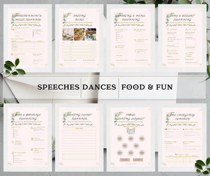 Pages of the ultimate wedding planning kit with pages from the sections 'Speeches', 'Dances', 'Food & Fun', front pages