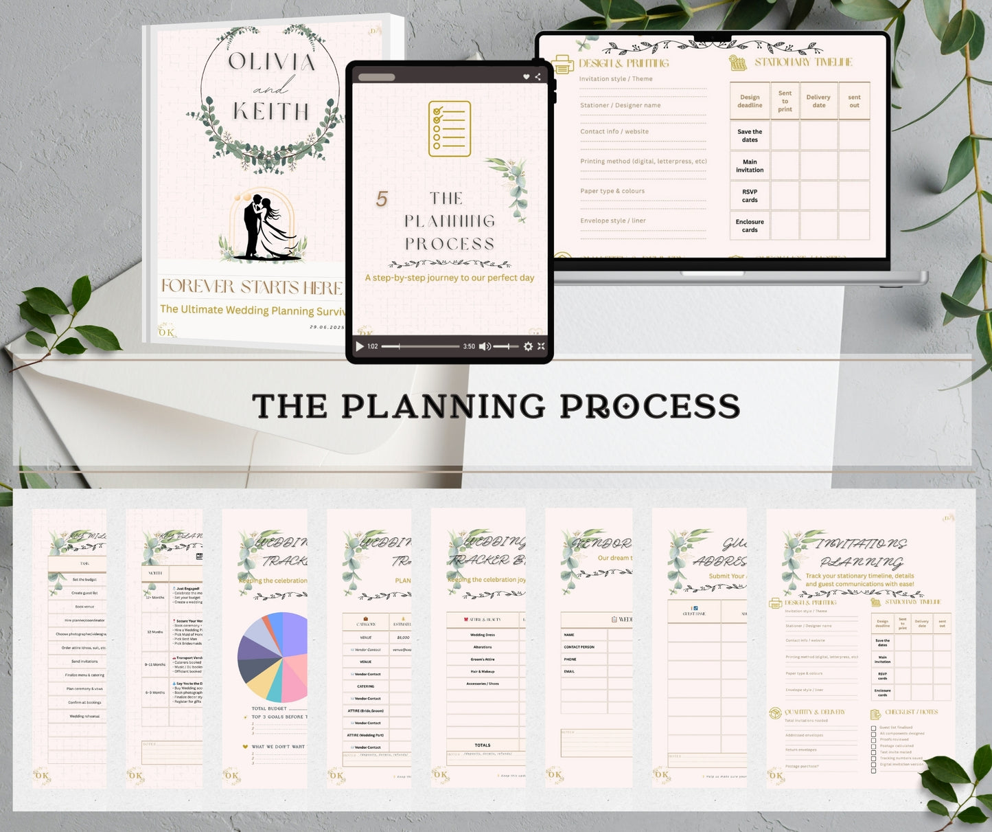 Pages of the ultimate wedding planning kit with pages from the section  'The Planning Process',  printed and digital, and printed pages on a white surface with greenery. front pages