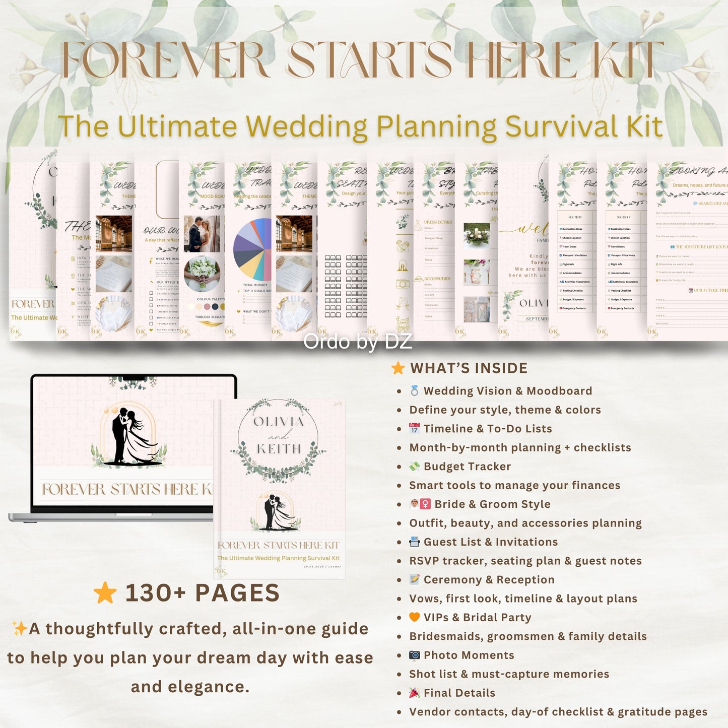 Forever Starts Here - Wedding planning survival kit with digital mockup and product details on a white background, in digital and printed version, front pages