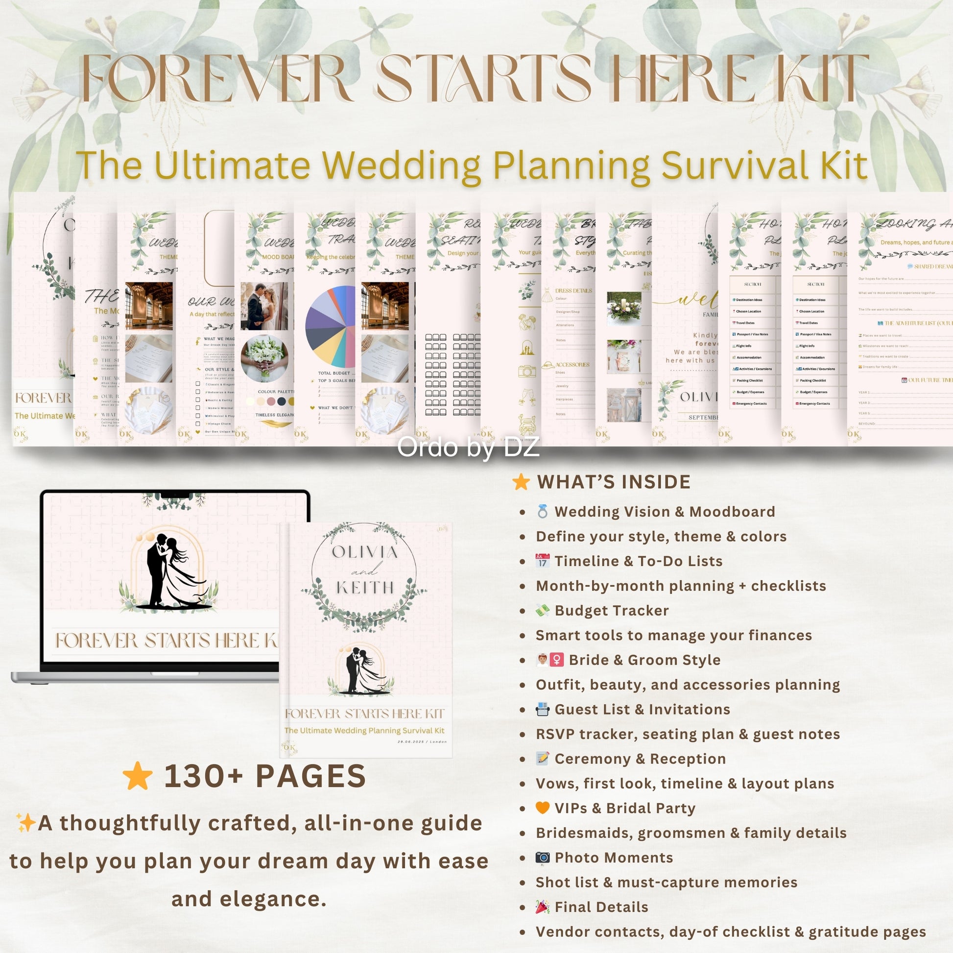 Forever Starts Here - Wedding planning survival kit with digital mockup and product details on a white background, in digital and printed version, front pages