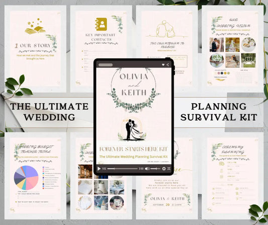Ultimate Wedding planning survival kit with various pages and a digital device displaying the front cover