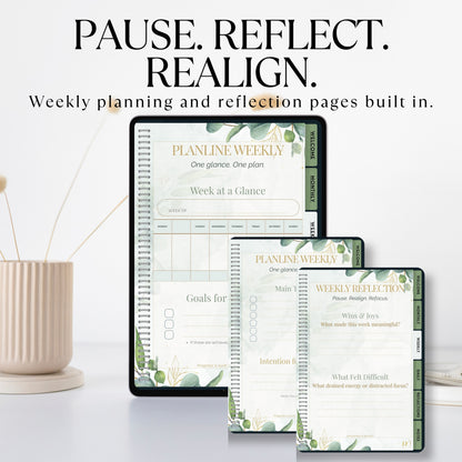 Weekly planning and reflection planner with text 'Pause. Reflect. Realign.' on a white background.