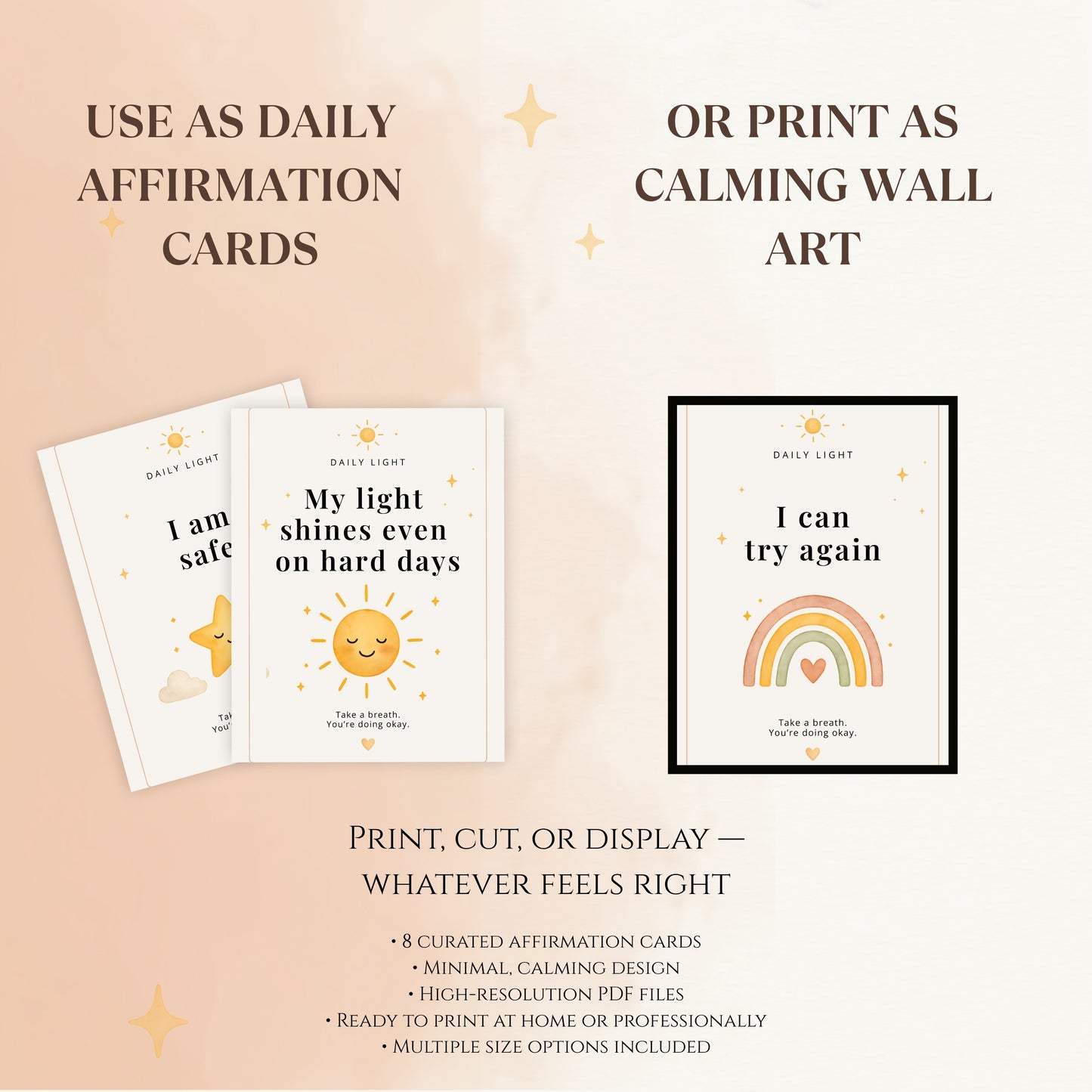 Printable affirmation cards used as both daily cards and minimalist wall art poster in calm interior setting