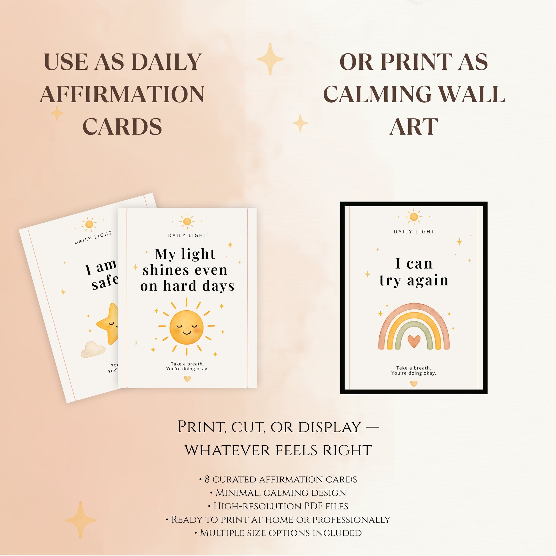 Printable affirmation cards used as both daily cards and minimalist wall art poster in calm interior setting