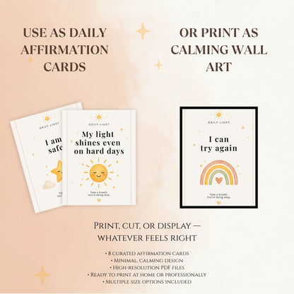 Printable affirmation cards used as both daily cards and minimalist wall art poster in calm interior setting