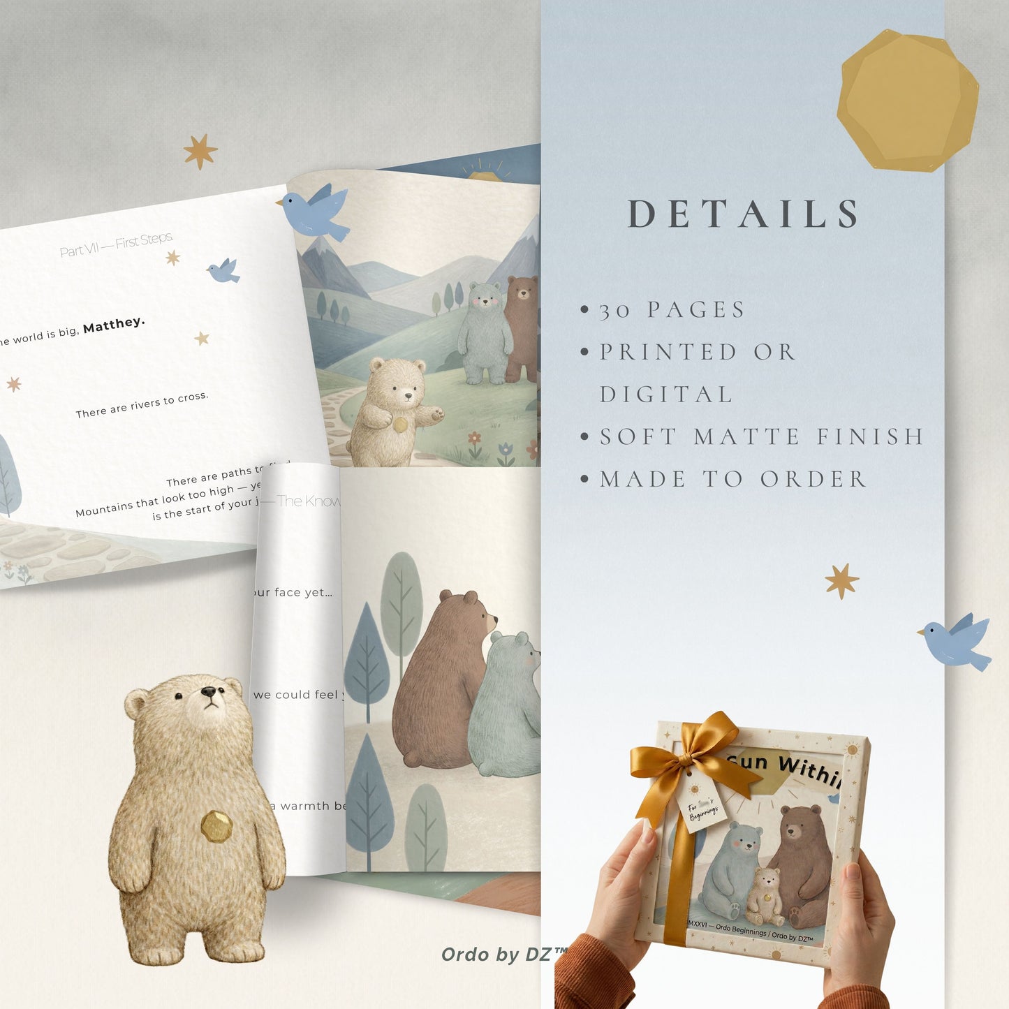 Children's book with bear illustrations and a plush toy, featuring details on the packaging.