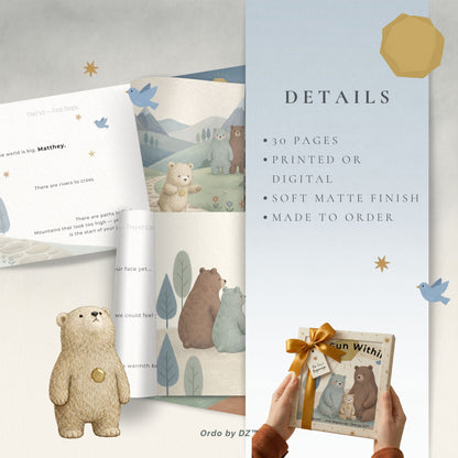 Children's book with bear illustrations and a plush toy, featuring details on the packaging.