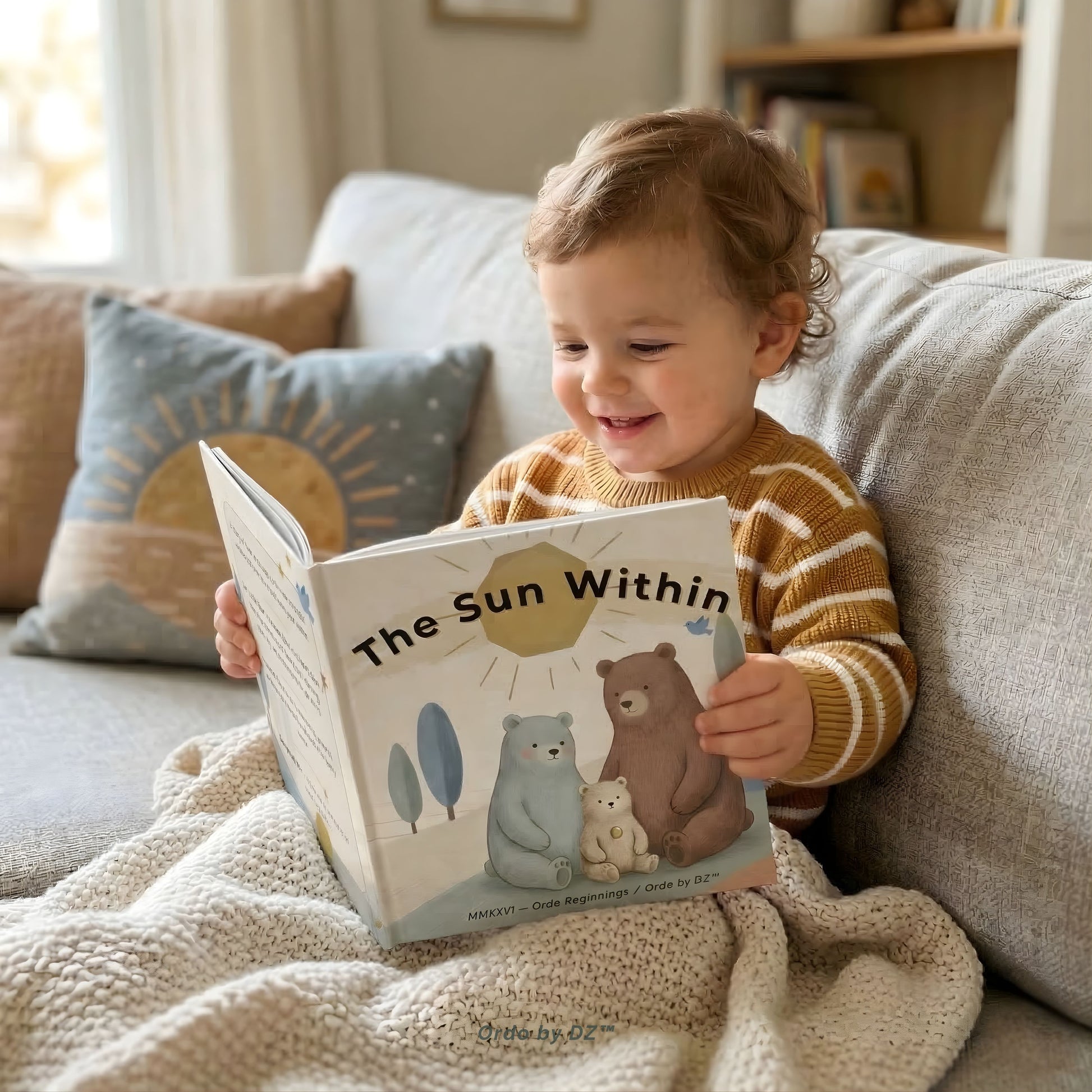 Child reading a book titled 'The Sun Within' on a cozy couch.