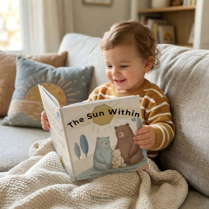 Child reading a book titled 'The Sun Within' on a cozy couch.