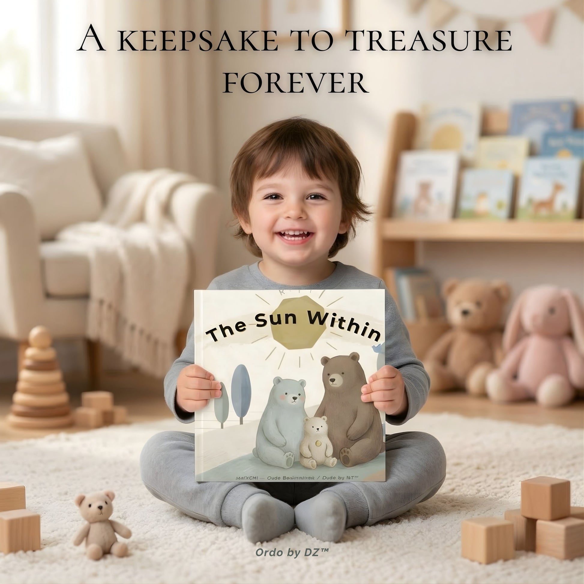 Child holding a book titled 'The Sun Within' in a cozy room with toys and furniture.