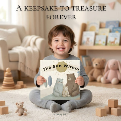 Child holding a book titled 'The Sun Within' in a cozy room with toys and furniture.