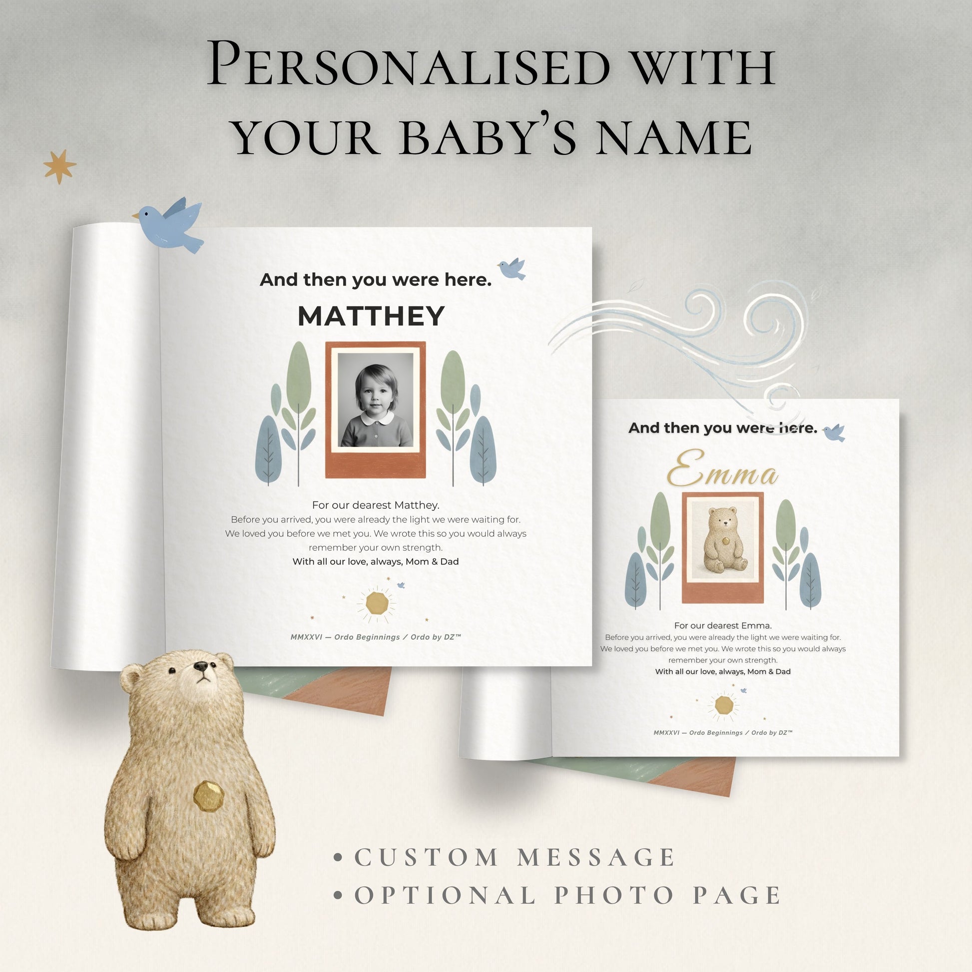 Personalised baby milestone cards with a teddy bear on a light background