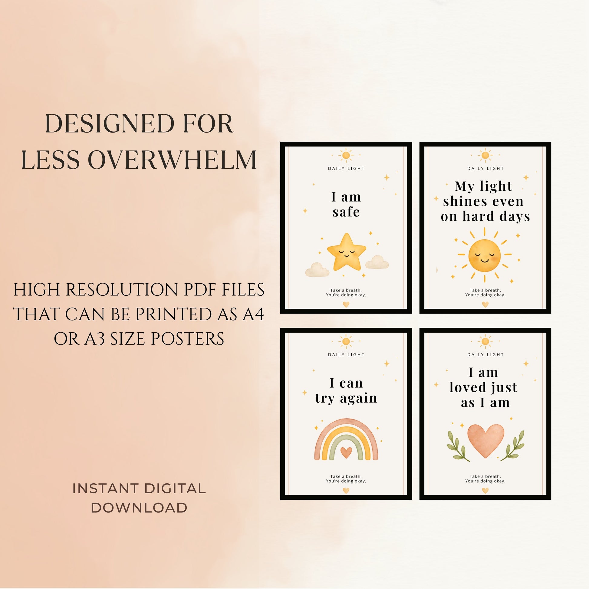 Affirmation cards for calm illustrating emotional shift from overwhelm to relaxation with soft neutral design