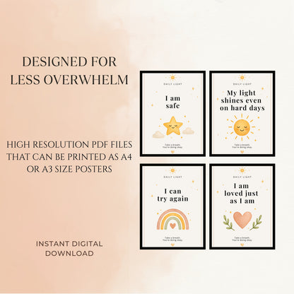 Affirmation cards for calm illustrating emotional shift from overwhelm to relaxation with soft neutral design