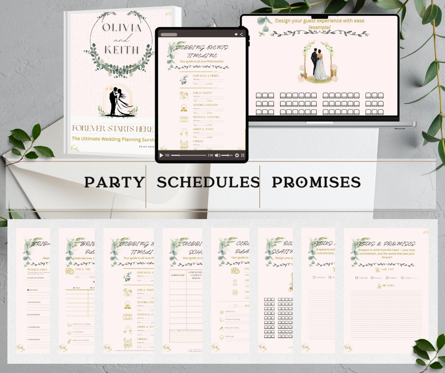 Pages of the ultimate wedding planning kit with pages from the sections 'Party', 'Schedules', 'Promises', including a planner, checklist, seating templates, and more on a white surface with greenery, printed and digital, front pages