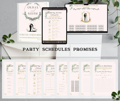 Pages of the ultimate wedding planning kit with pages from the sections 'Party', 'Schedules', 'Promises', including a planner, checklist, seating templates, and more on a white surface with greenery, printed and digital, front pages
