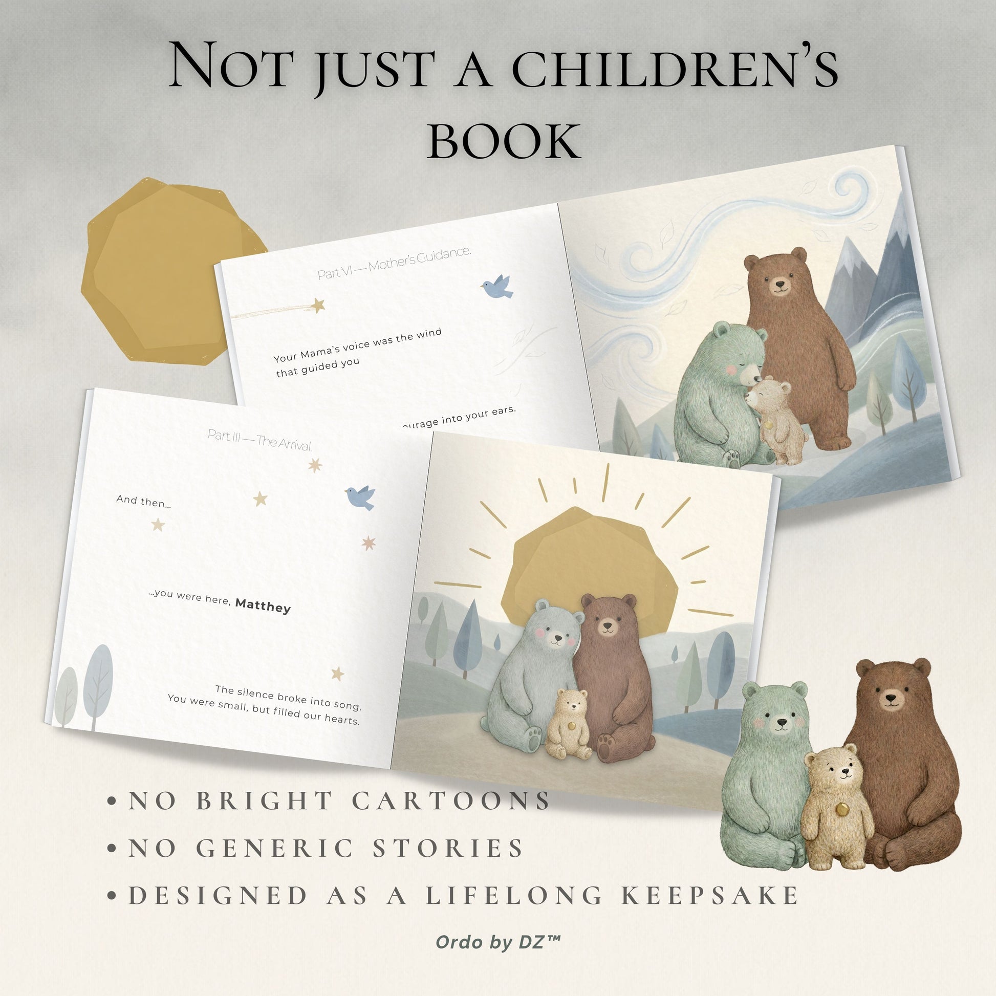 Bear-themed children's book with plush toys on a light gray background