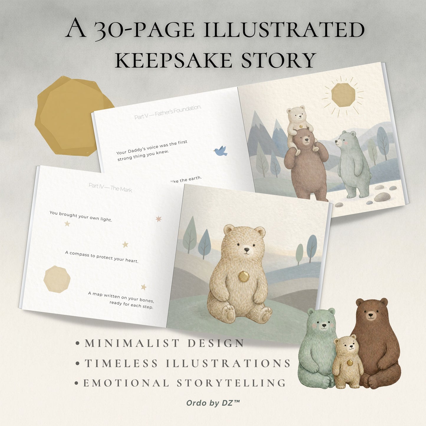 Illustrated keepsake storybook with bear illustrations on a light gray background