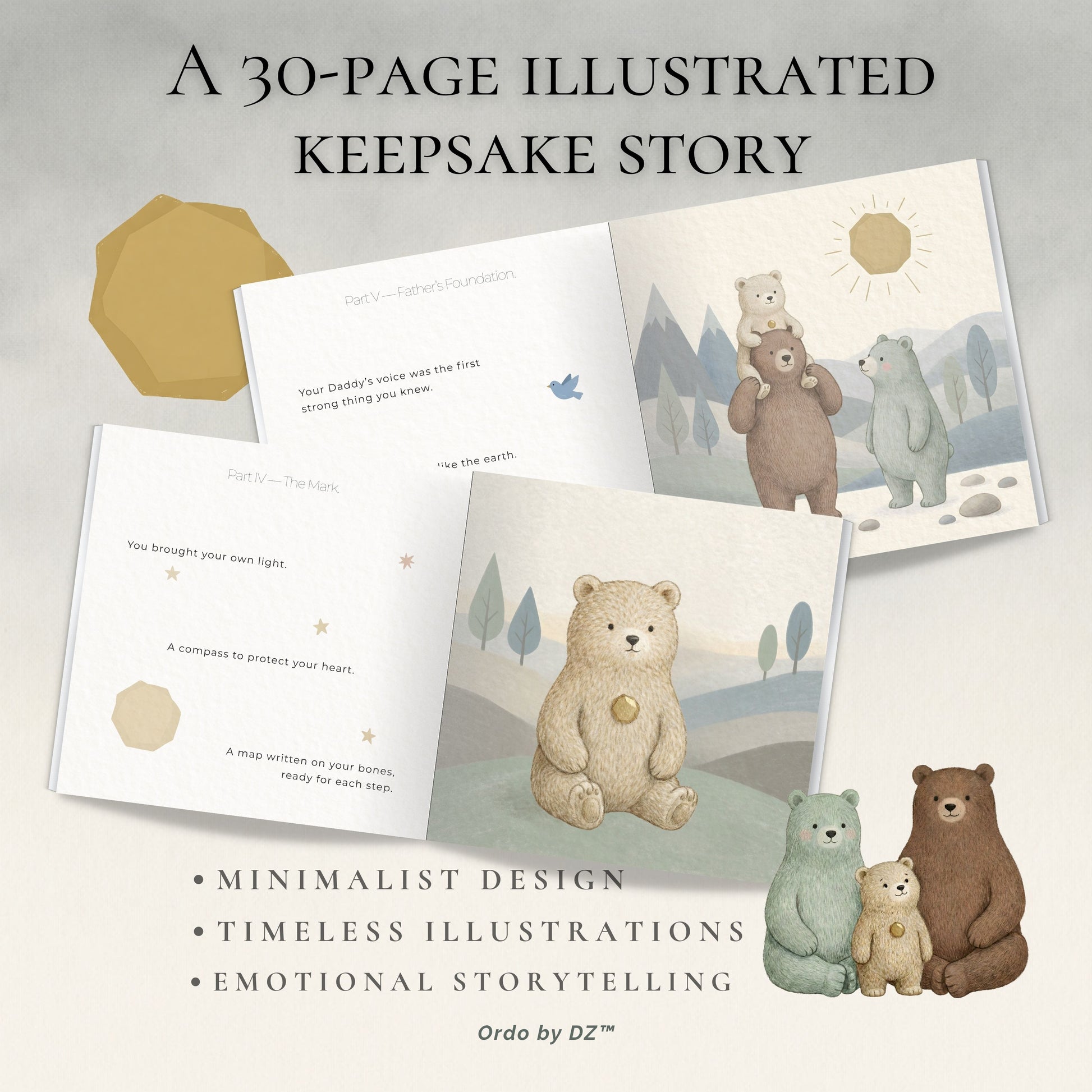 Illustrated keepsake storybook with bear illustrations on a light gray background