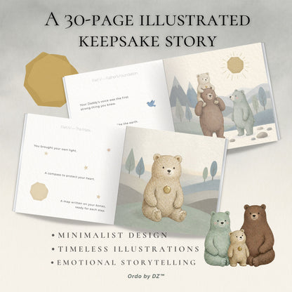 Illustrated keepsake storybook with bear illustrations on a light gray background