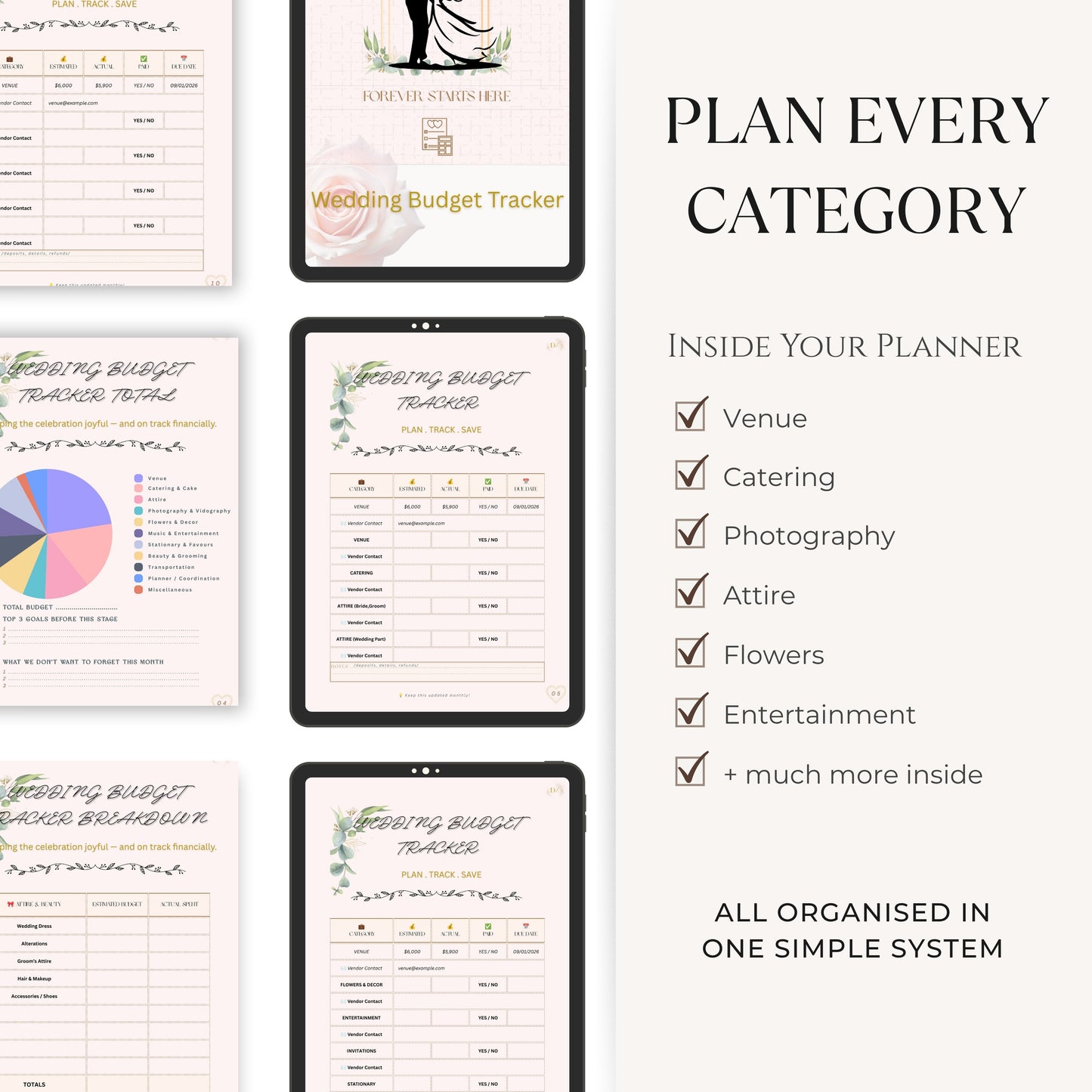 Wedding Budget Planner showing category budget worksheets for venue, catering and photography